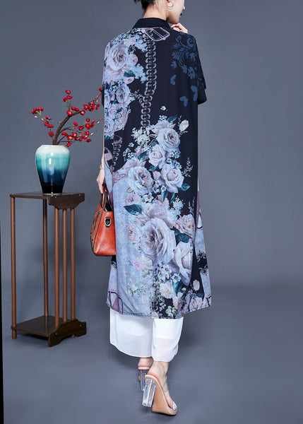 Plus Size Black Peter Pan Collar Print Draping Silk Shirt Dress Summer LY0931