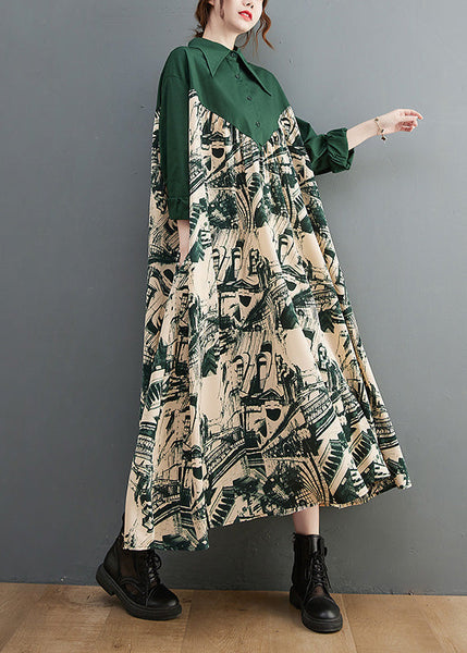 Plus Size Black Peter Pan Collar Print Patchwork Button Maxi Dress Long Sleeve AC2008