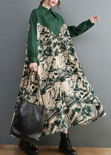 Plus Size Black Peter Pan Collar Print Patchwork Button Maxi Dress Long Sleeve AC2008