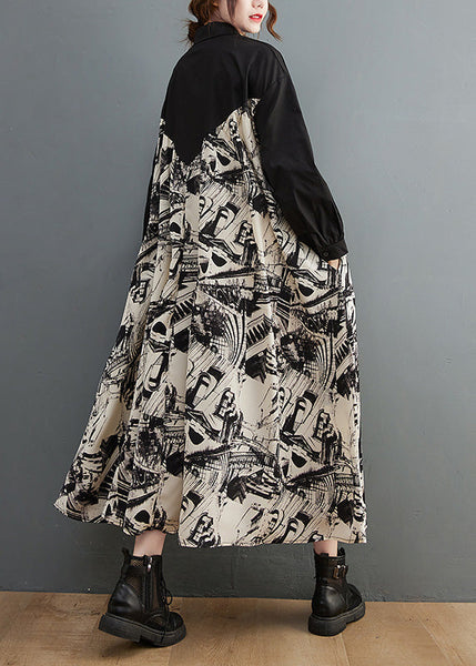 Plus Size Black Peter Pan Collar Print Patchwork Button Maxi Dress Long Sleeve AC2008