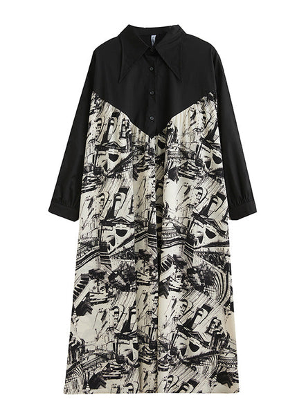 Plus Size Black Peter Pan Collar Print Patchwork Button Maxi Dress Long Sleeve AC2008