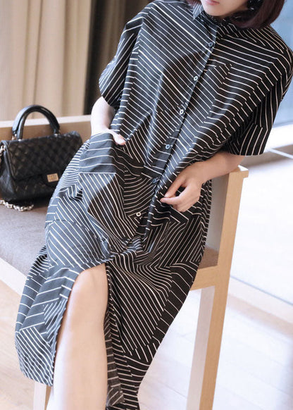 Plus Size Black Peter Pan Collar Striped Maxi Dresses Summer LY1407