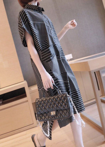 Plus Size Black Peter Pan Collar Striped Maxi Dresses Summer LY1407