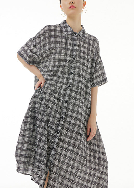 Plus Size Black Plaid Button Cotton Maxi Dresses Summer LY1177