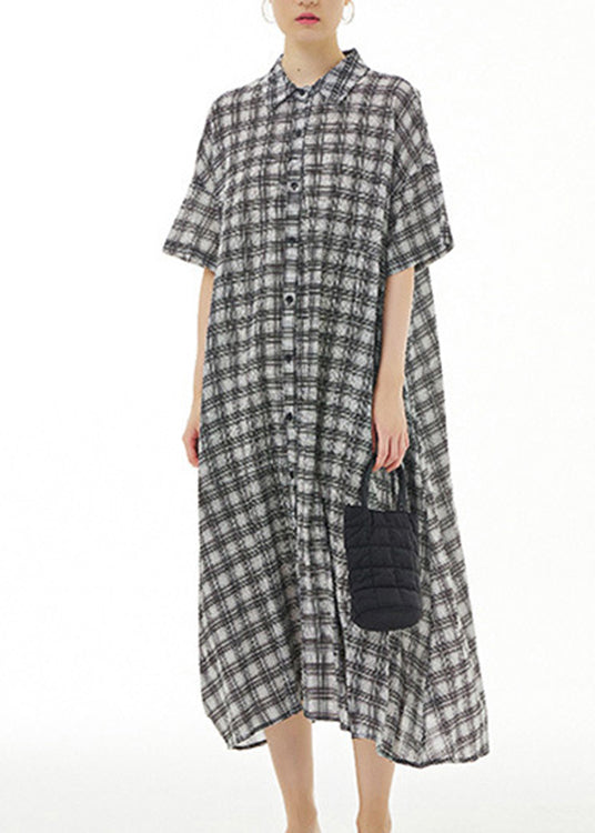 Plus Size Black Plaid Button Cotton Maxi Dresses Summer LY1177