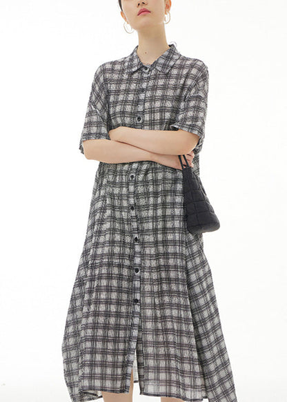 Plus Size Black Plaid Button Cotton Maxi Dresses Summer LY1177