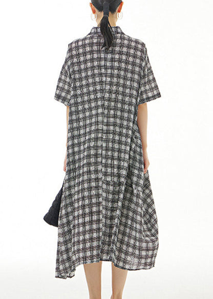 Plus Size Black Plaid Button Cotton Maxi Dresses Summer LY1177