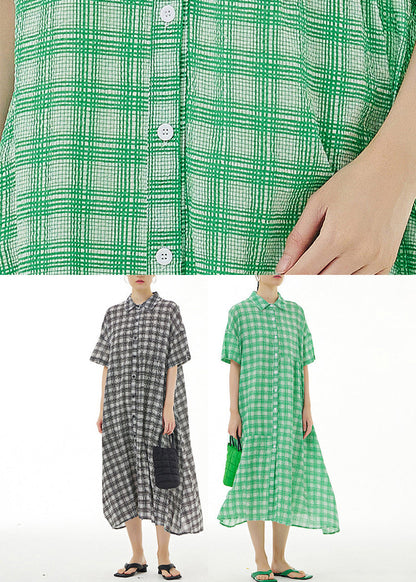 Plus Size Black Plaid Button Cotton Maxi Dresses Summer LY1177