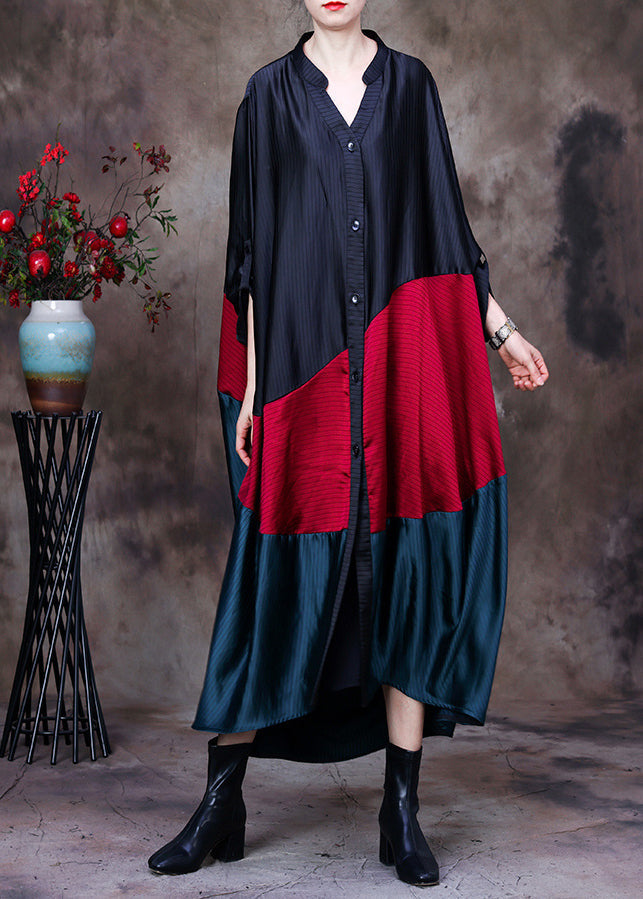Plus Size Black Red Green Patchwork Low High Design V Neck Button Trench Coat Long Sleeve HA1026