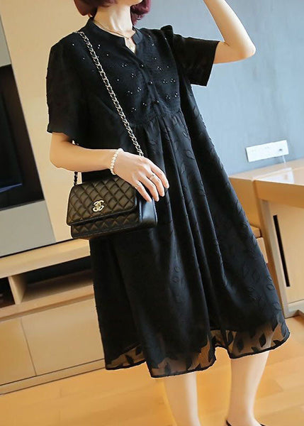 Plus Size Black Stand Collar Patchwork Jacquard Chiffon Maxi Dresses Summer LY1420