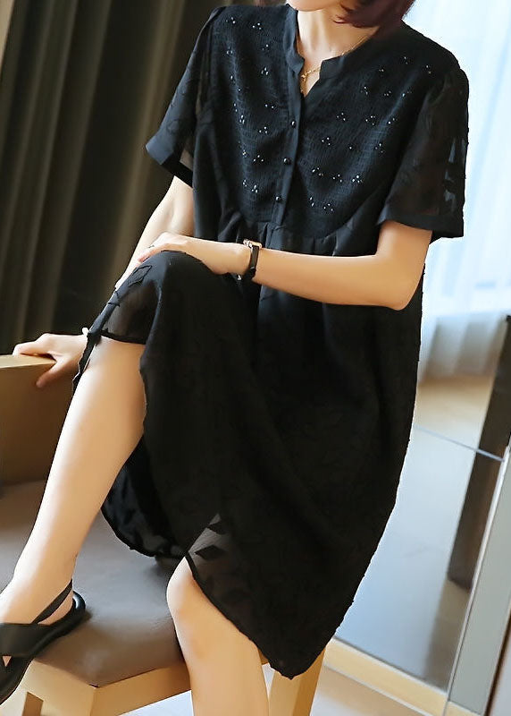 Plus Size Black Stand Collar Patchwork Jacquard Chiffon Maxi Dresses Summer LY1420