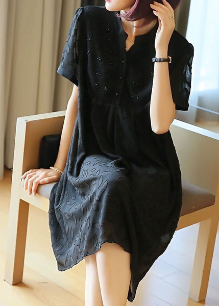 Plus Size Black Stand Collar Patchwork Jacquard Chiffon Maxi Dresses Summer LY1420