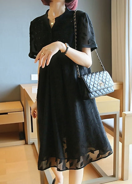 Plus Size Black Stand Collar Patchwork Jacquard Chiffon Maxi Dresses Summer LY1420
