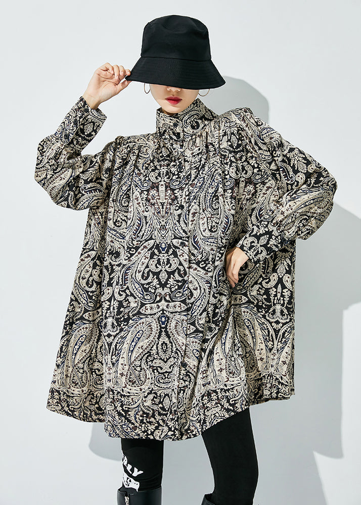 Plus Size Black Stand Collar Print Chiffon Shirts Spring LY0819