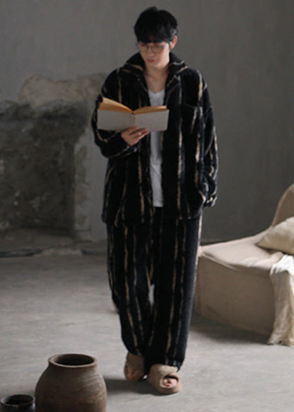 Plus Size Black Striped Patchwork Button Velour Pajamas Two Piece Set Spring LY1892
