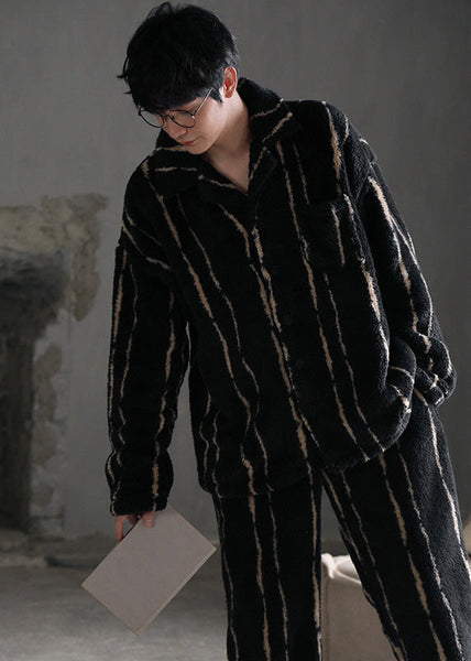Plus Size Black Striped Patchwork Button Velour Pajamas Two Piece Set Spring LY1892