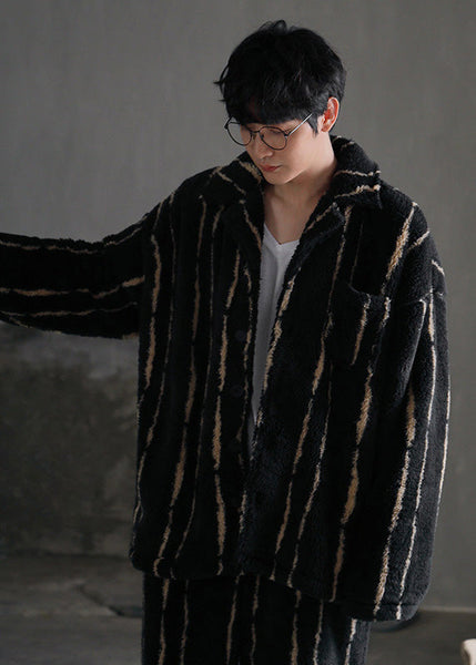 Plus Size Black Striped Patchwork Button Velour Pajamas Two Piece Set Spring LY1892