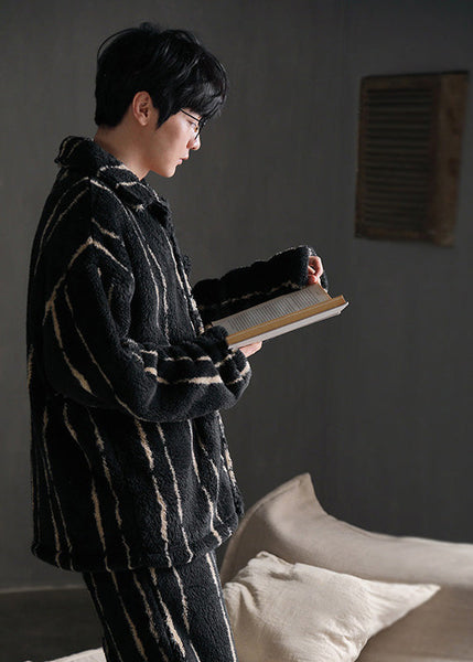 Plus Size Black Striped Patchwork Button Velour Pajamas Two Piece Set Spring LY1892