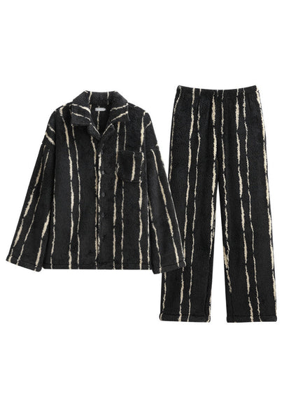 Plus Size Black Striped Patchwork Button Velour Pajamas Two Piece Set Spring LY1892
