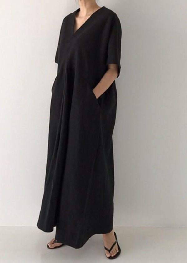 Plus Size Black V Neck Oversized Linen Long Dress Short Sleeve LY1328