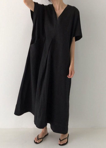 Plus Size Black V Neck Oversized Linen Long Dress Short Sleeve LY1328