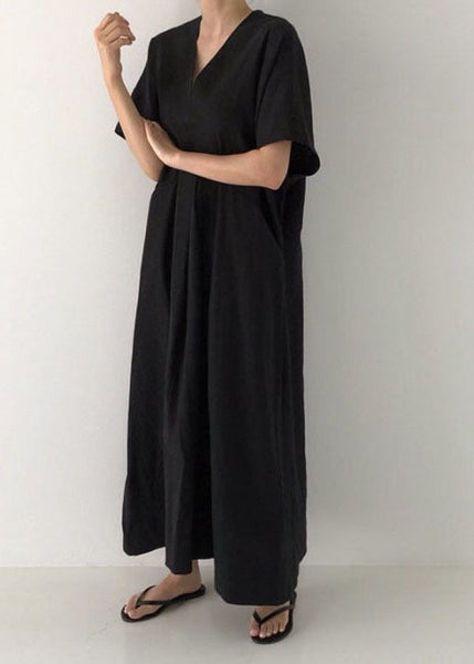 Plus Size Black V Neck Oversized Linen Long Dress Short Sleeve LY1328