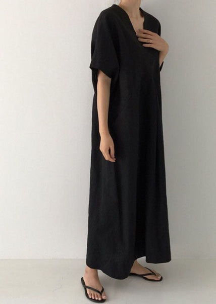 Plus Size Black V Neck Oversized Linen Long Dress Short Sleeve LY1328