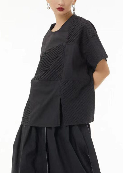 Plus Size Black Wrinkled Side Open Cotton Tank Top Summer LC0111