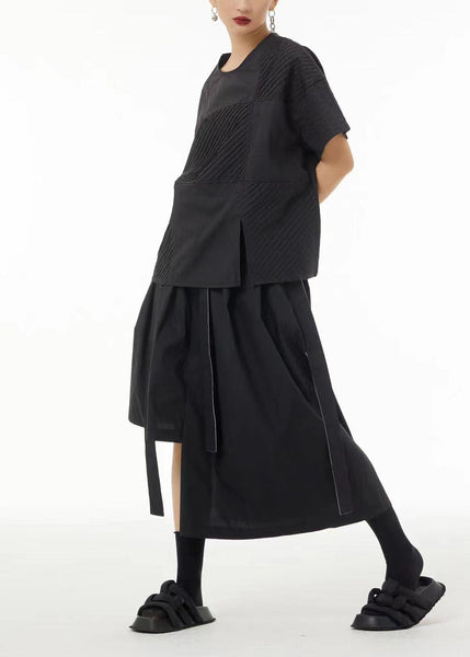 Plus Size Black Wrinkled Side Open Cotton Tank Top Summer LC0111