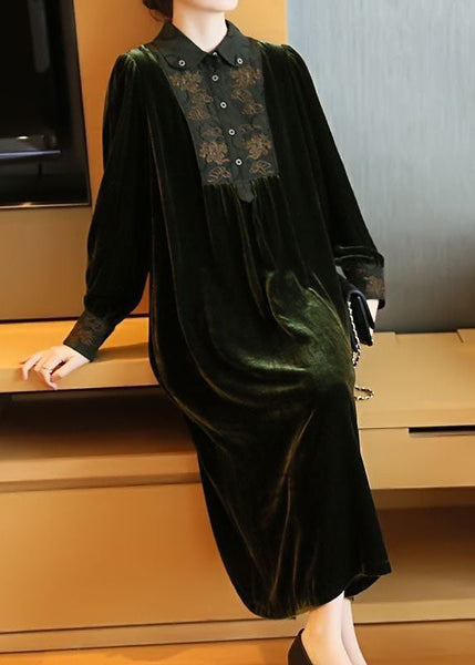 Plus Size Blackish Green Embroideried Patchwork Silk Velour Party Dress Spring LY1405