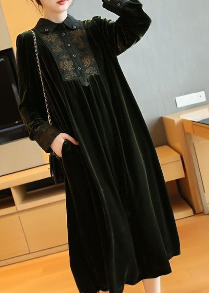 Plus Size Blackish Green Embroideried Patchwork Silk Velour Party Dress Spring LY1405