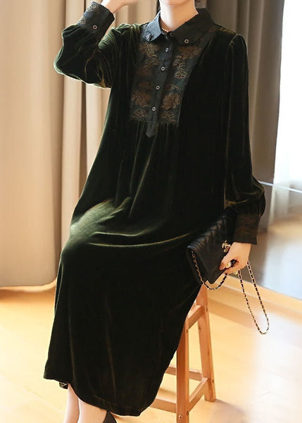 Plus Size Blackish Green Embroideried Patchwork Silk Velour Party Dress Spring LY1405