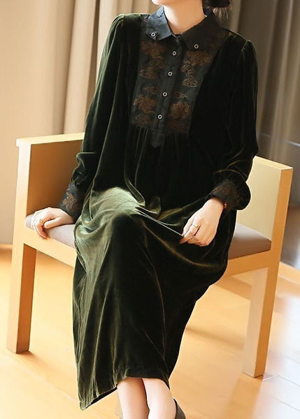 Plus Size Blackish Green Embroideried Patchwork Silk Velour Party Dress Spring LY1405