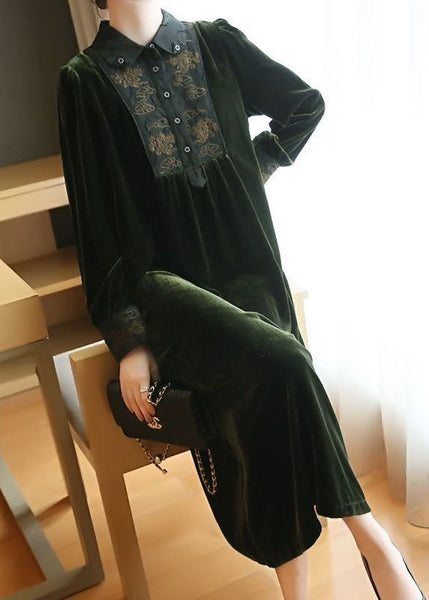 Plus Size Blackish Green Embroideried Patchwork Silk Velour Party Dress Spring LY1405