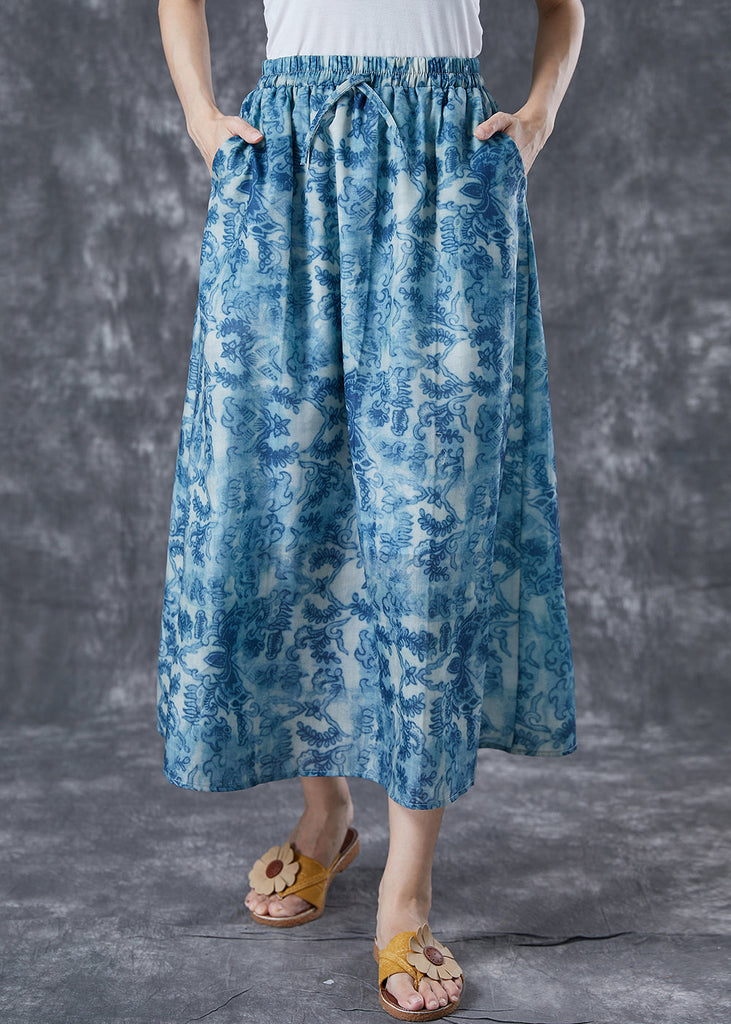 Plus Size Blue Elastic Waist Print Linen A Line Skirts Summer TA1021