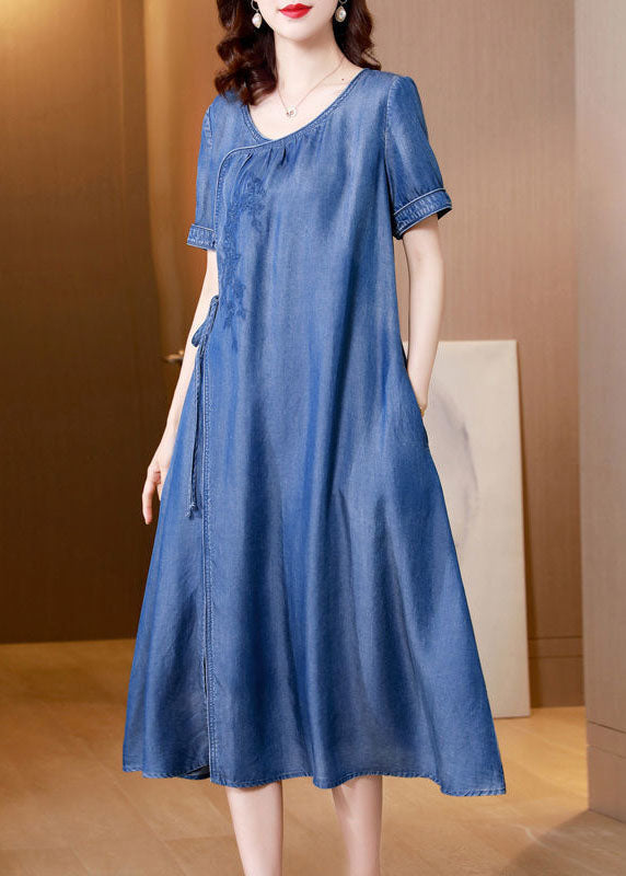 Plus Size Blue Embroideried Side Open Denim Dress Summer AC2029