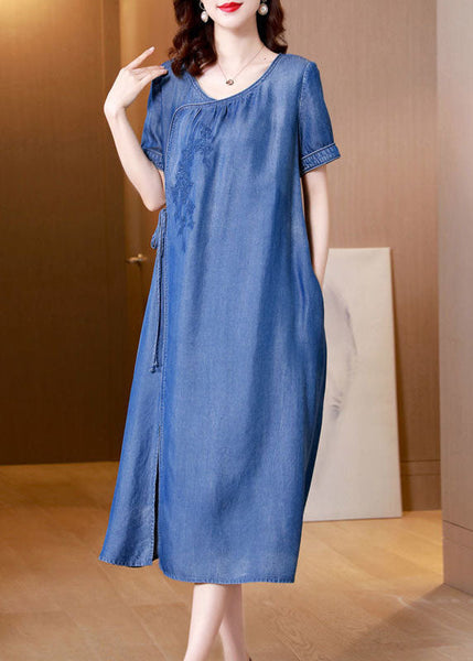 Plus Size Blue Embroideried Side Open Denim Dress Summer AC2029