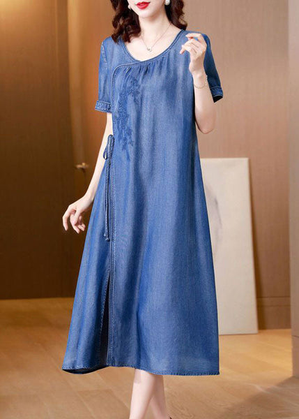 Plus Size Blue Embroideried Side Open Denim Dress Summer AC2029