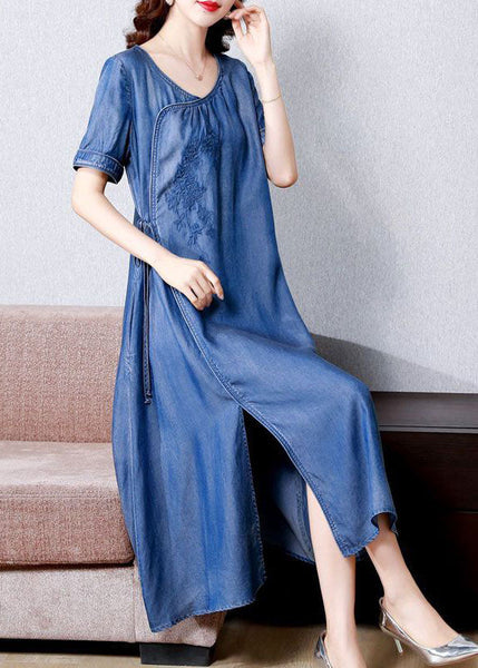 Plus Size Blue Embroideried Side Open Denim Dress Summer AC2029
