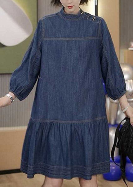 Plus Size Blue Patchwork Wrinkled Denim Mid Dresses Long Sleeve TI1058