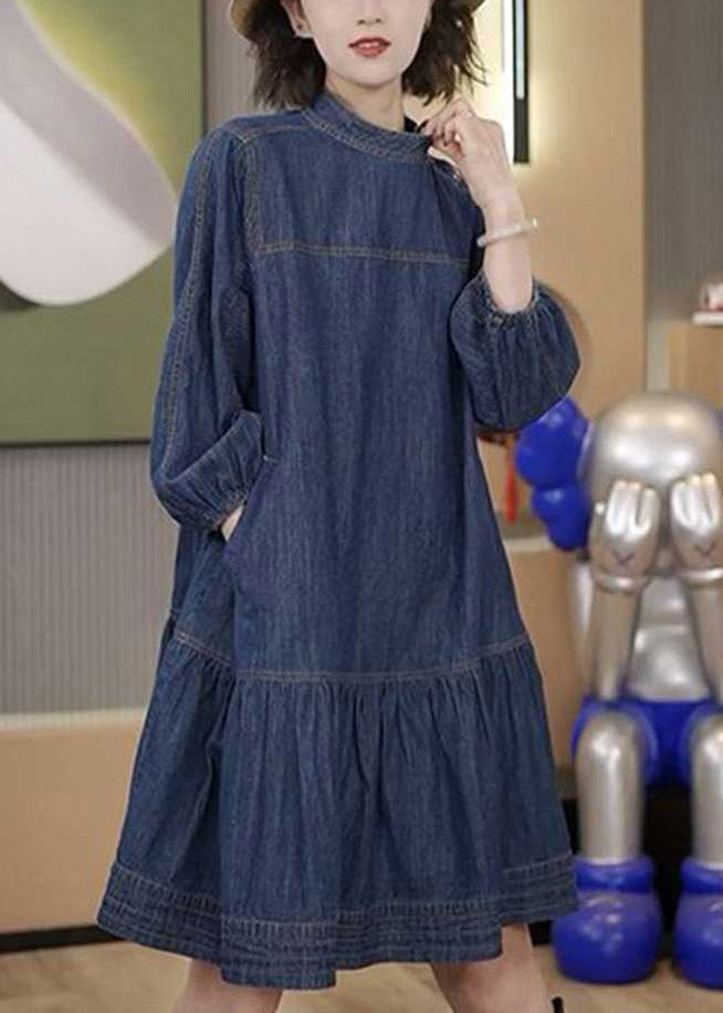 Plus Size Blue Patchwork Wrinkled Denim Mid Dresses Long Sleeve TI1058