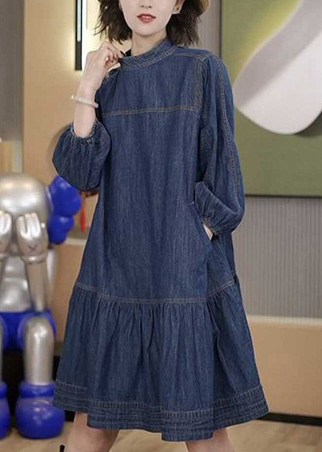 Plus Size Blue Patchwork Wrinkled Denim Mid Dresses Long Sleeve TI1058