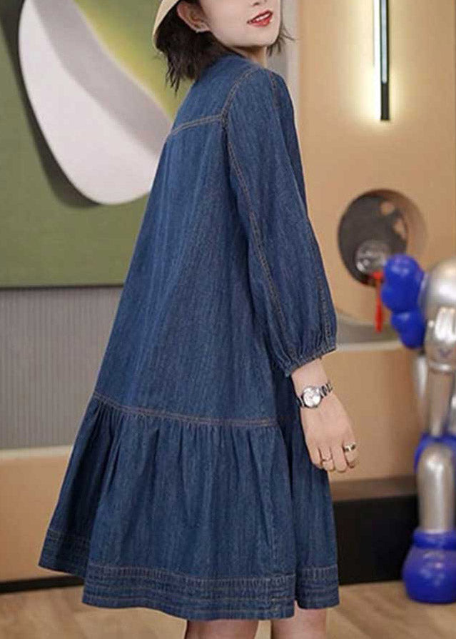 Plus Size Blue Patchwork Wrinkled Denim Mid Dresses Long Sleeve TI1058