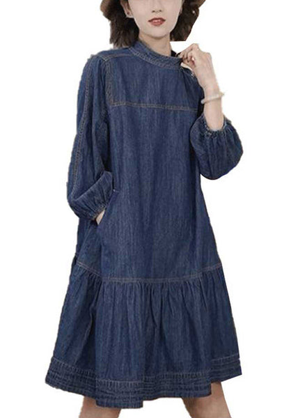 Plus Size Blue Patchwork Wrinkled Denim Mid Dresses Long Sleeve TI1058