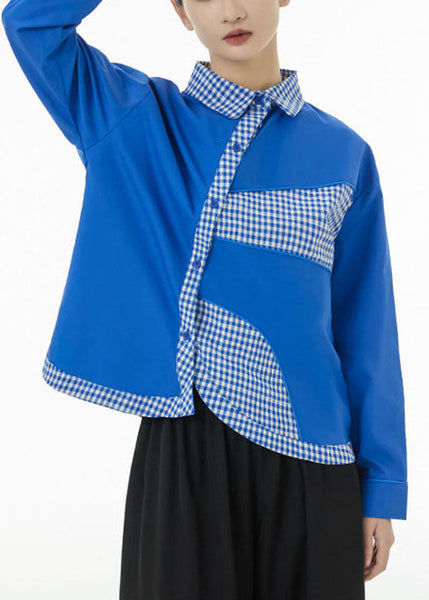 Plus Size Blue Peter Pan Collar Patchwork Plaid Cotton Shirts Spring LC0145