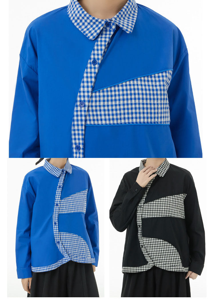 Plus Size Blue Peter Pan Collar Patchwork Plaid Cotton Shirts Spring LC0145