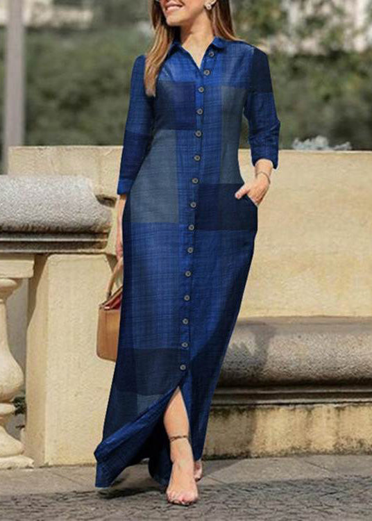 Plus Size Blue Peter Pan Collar Plaid Button Maxi Shirt Dresses Spring LC0061