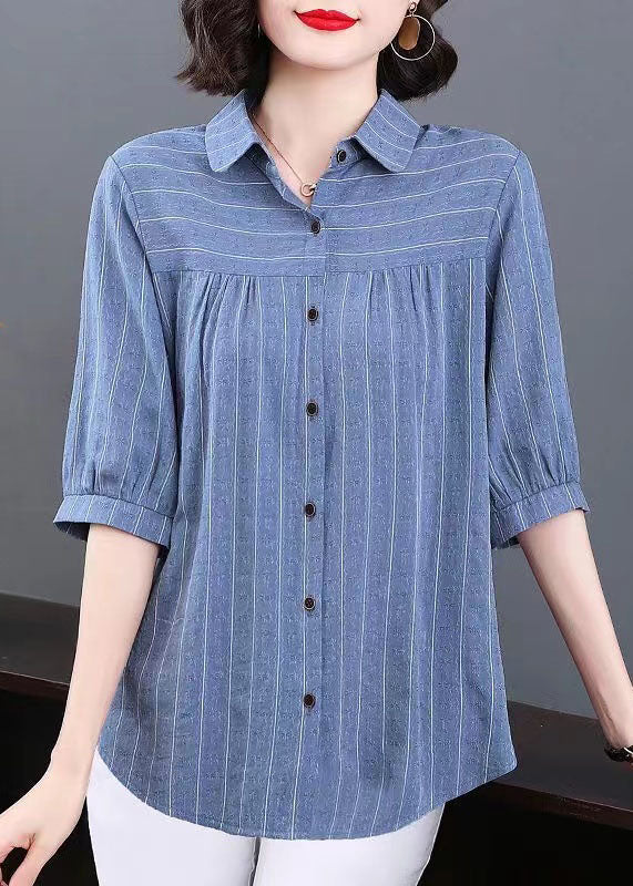 Plus Size Blue Peter Pan Collar Striped Patchwork Cotton Shirt Tops Summer TQ1005