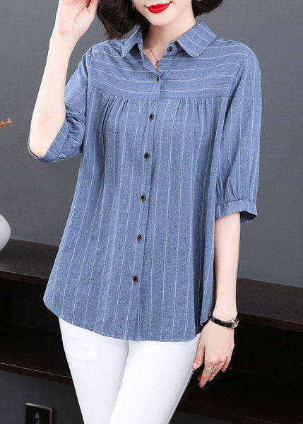 Plus Size Blue Peter Pan Collar Striped Patchwork Cotton Shirt Tops Summer TQ1005