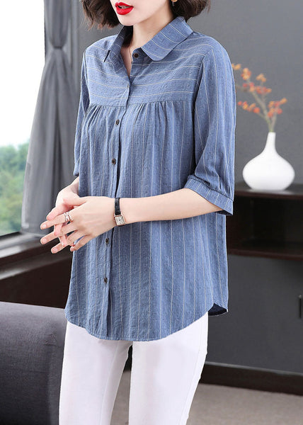 Plus Size Blue Peter Pan Collar Striped Patchwork Cotton Shirt Tops Summer TQ1005